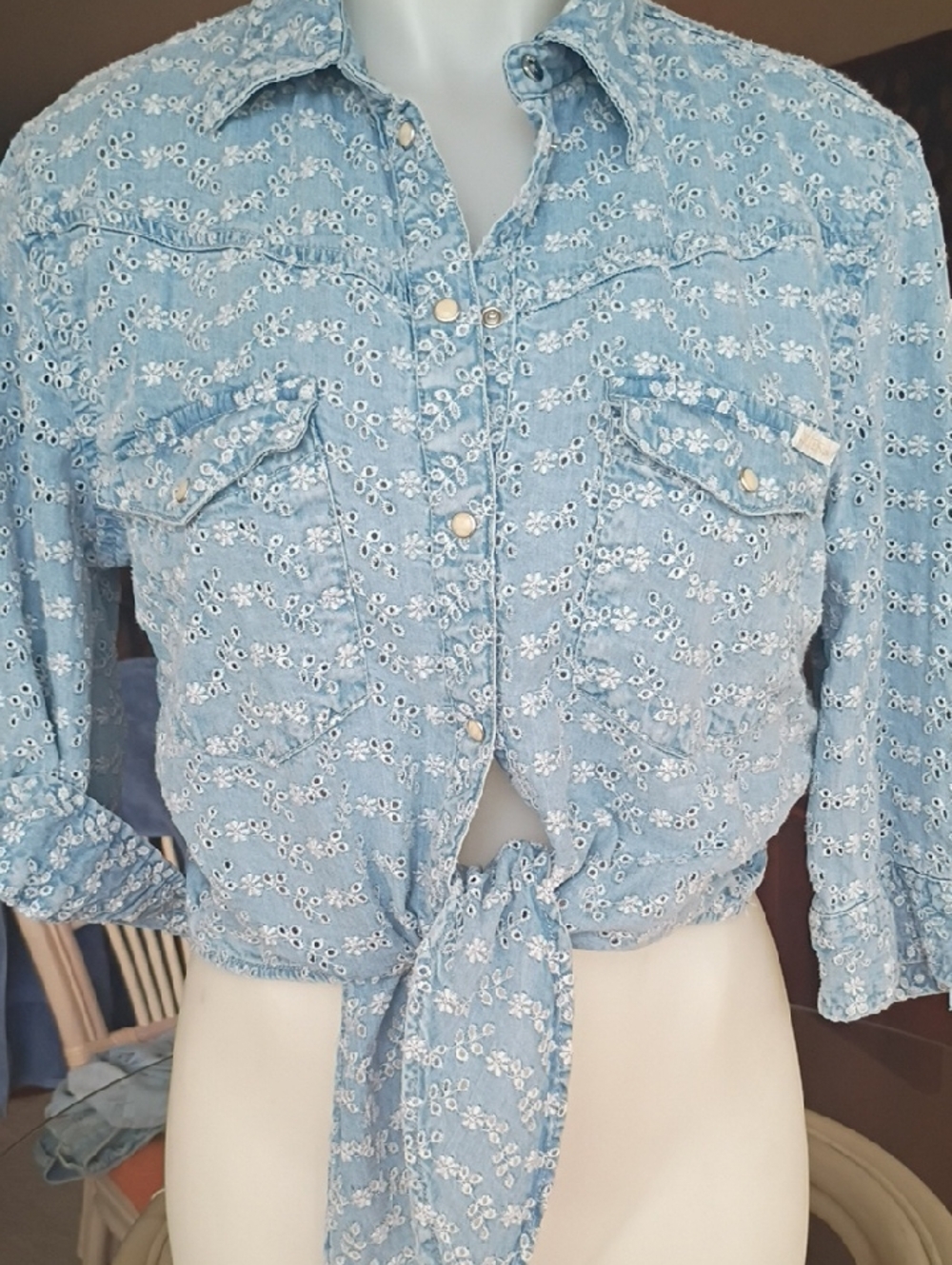 Guess Light Blue Eyelet Tie-Front Button-Down Shirt By Guess